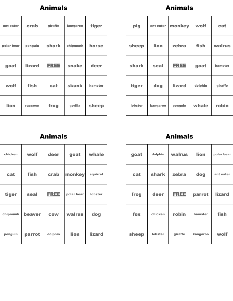 Animals Bingo Cards