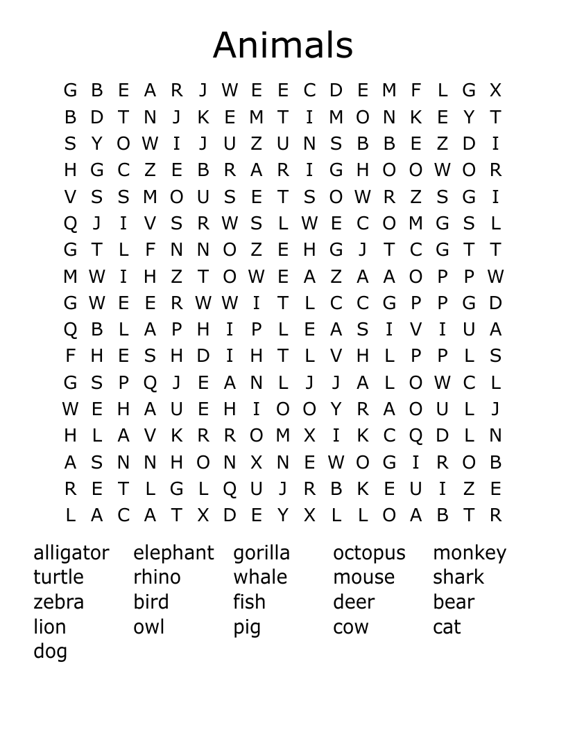 Animals Word Search