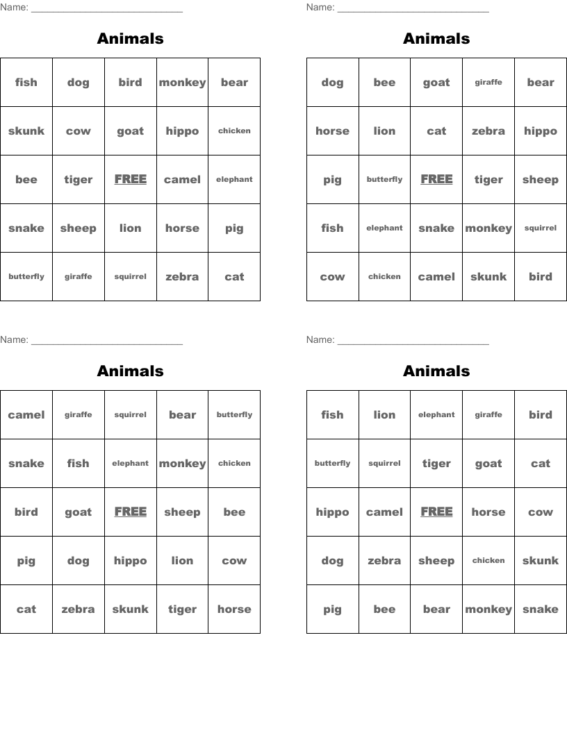 Animals Bingo Cards