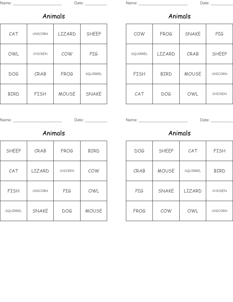 Animals Bingo Cards