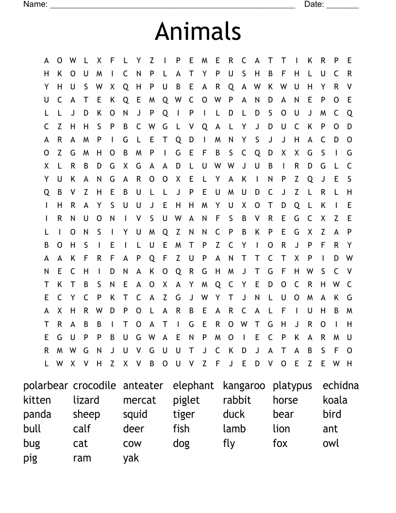 Animals Word Search