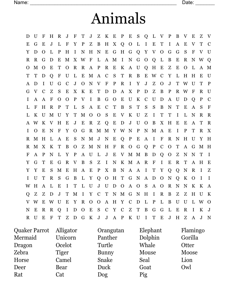 Animals Word Search