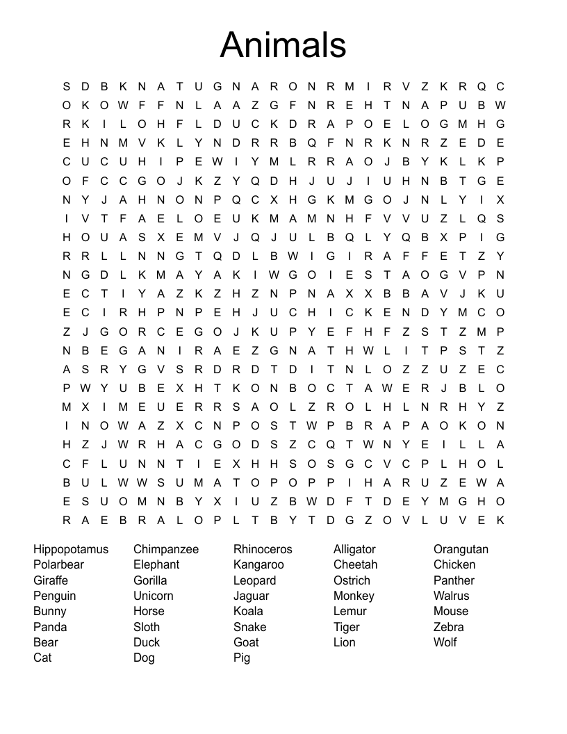 Animals Word Search