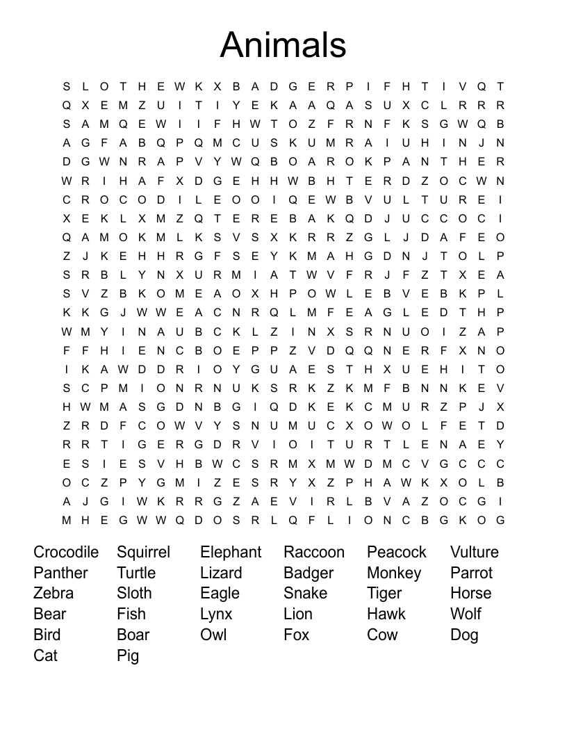 Animals Word Search