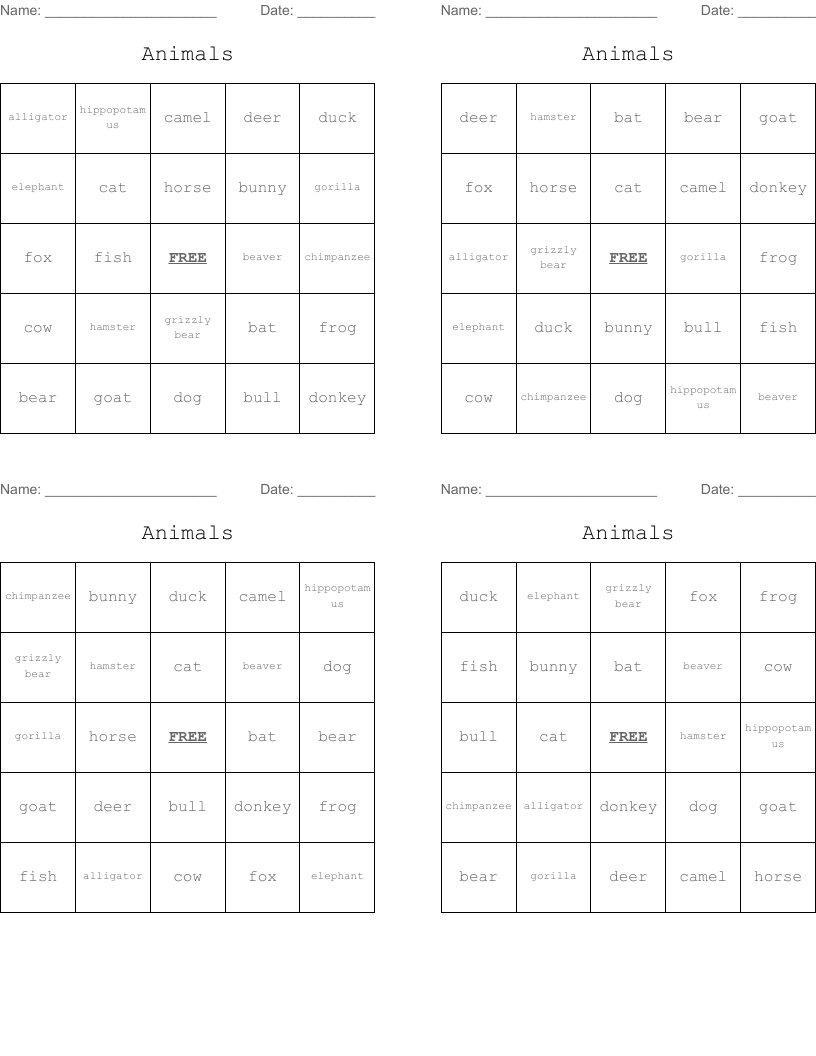 Animals Bingo Cards