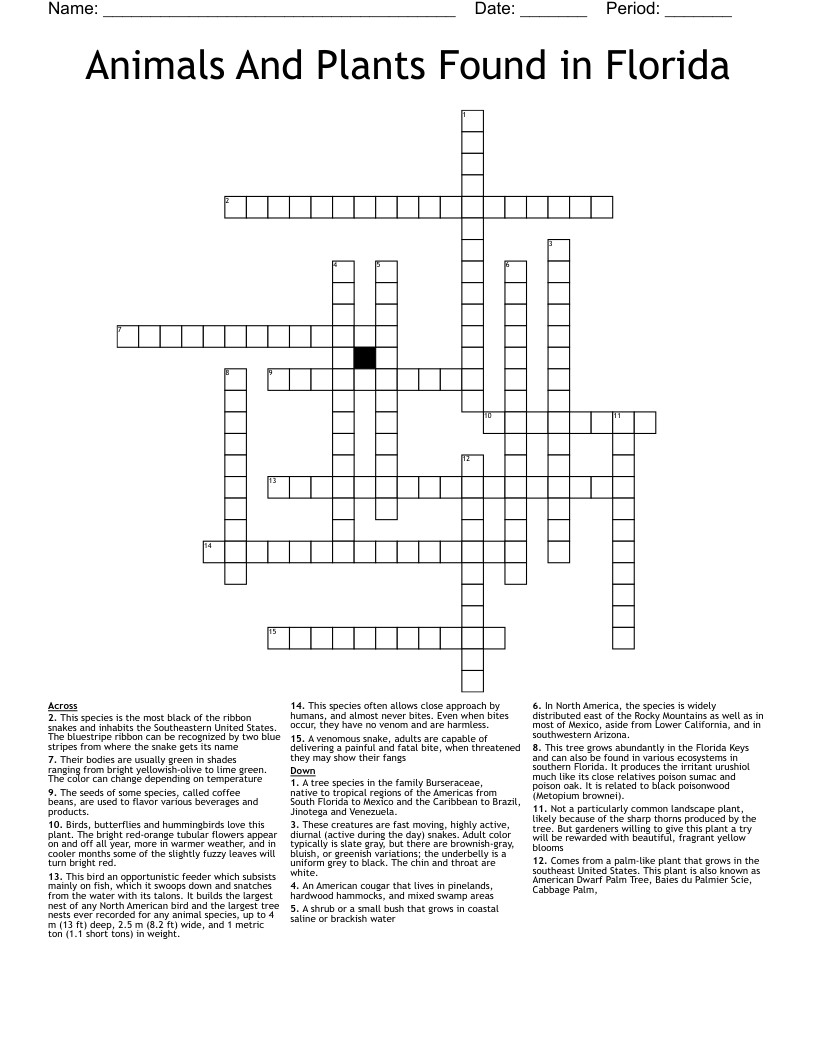 Animals And Plants Found in Florida Crossword