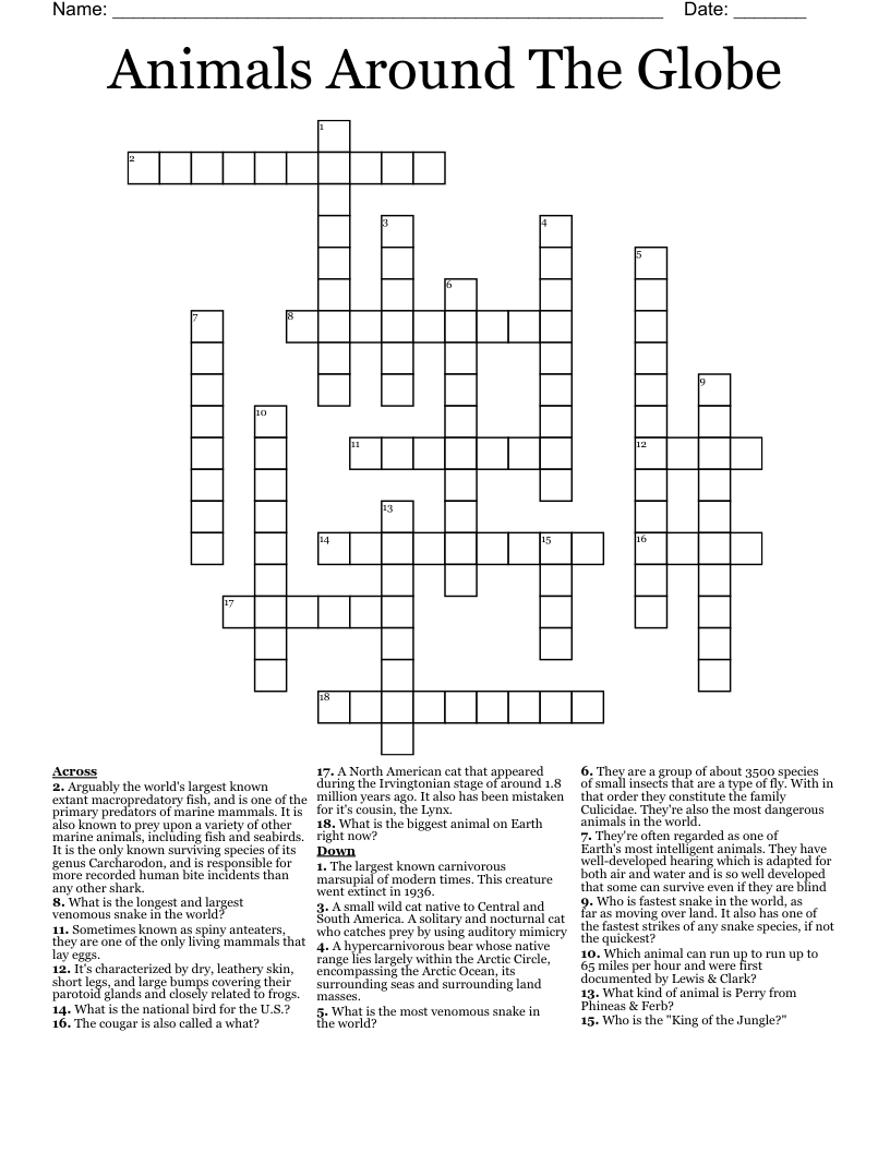 Animals Around The Globe Crossword