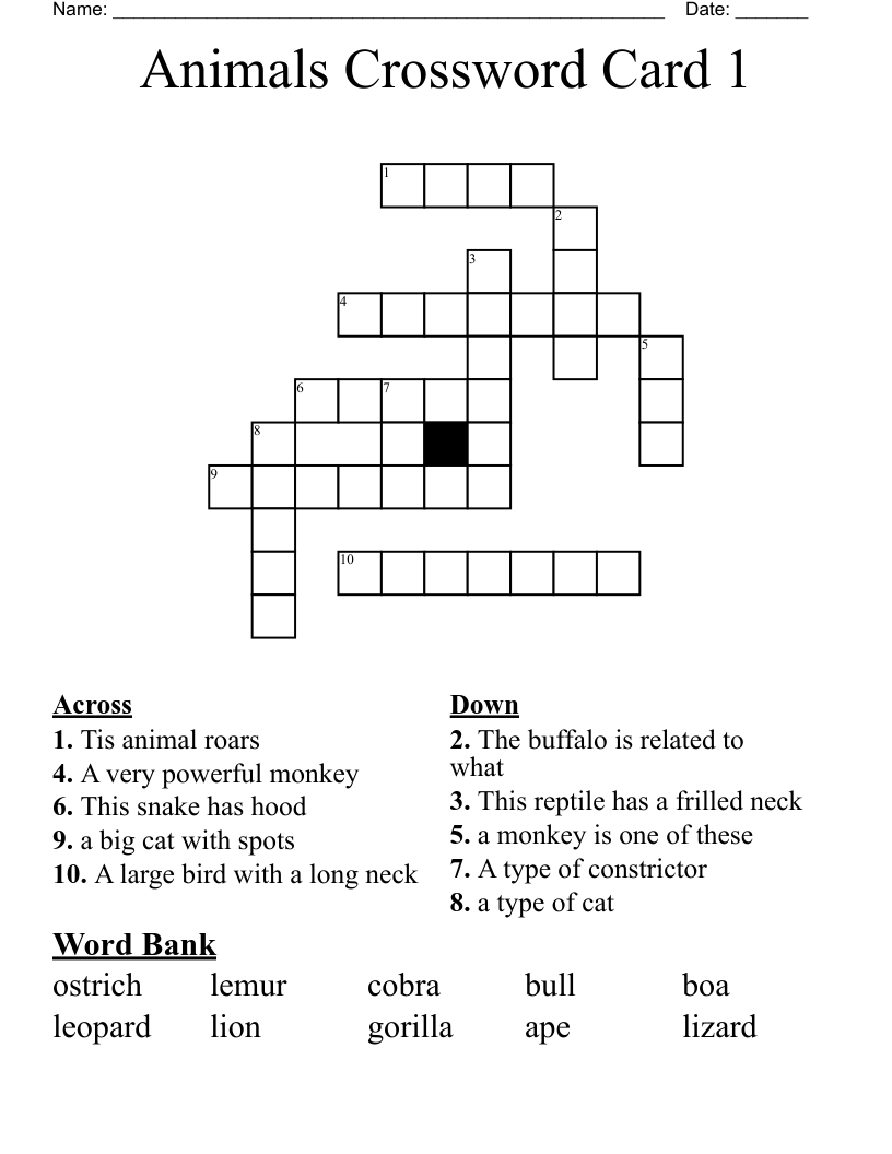 Animals Crossword Card 1
