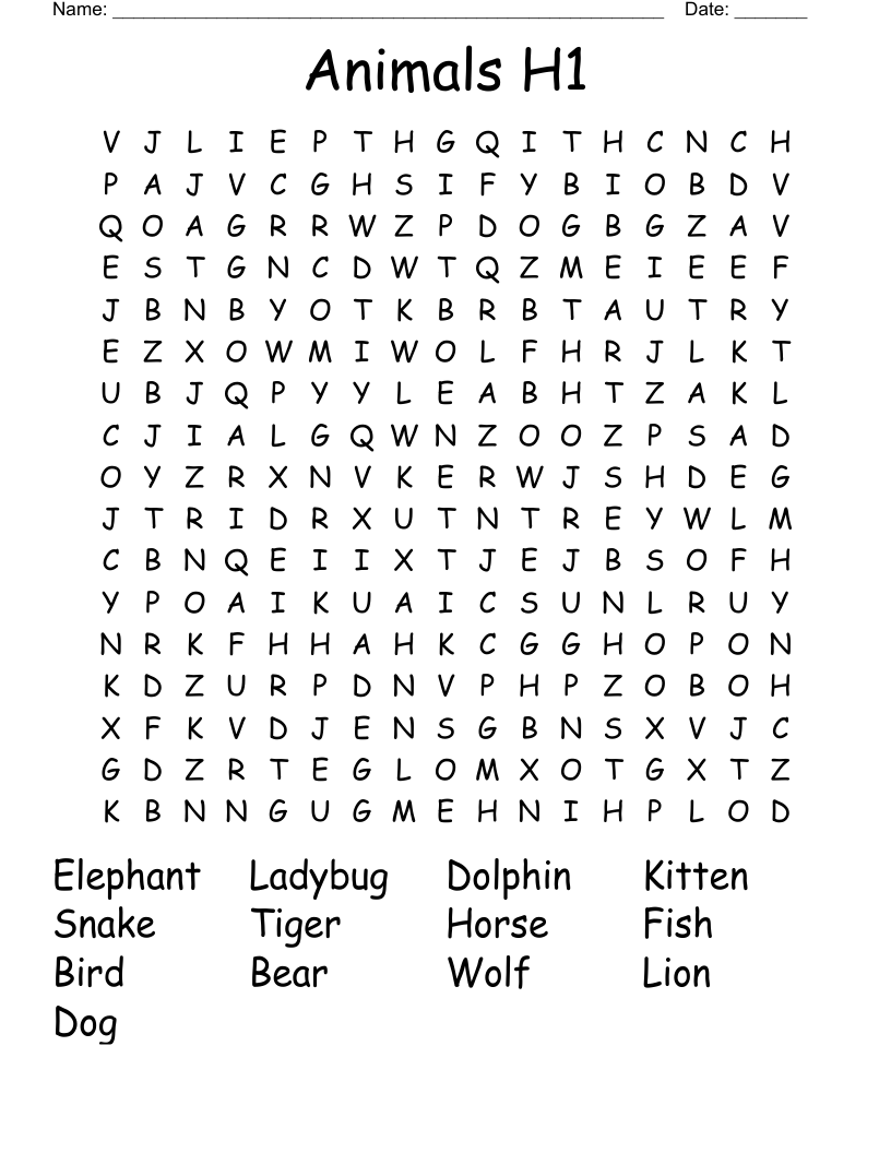 Animals H1 Word Search