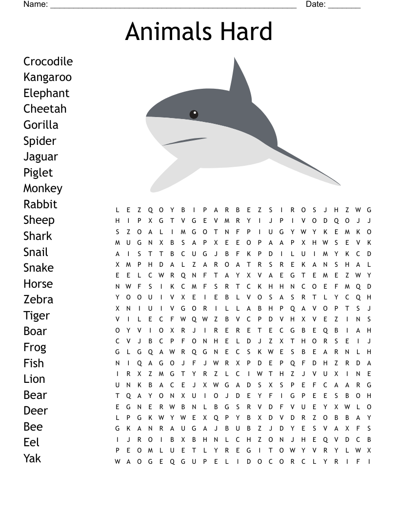 Animals Hard Word Search