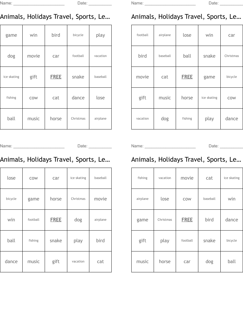 Animals, Holidays Travel, Sports, Leisure Bingo Cards