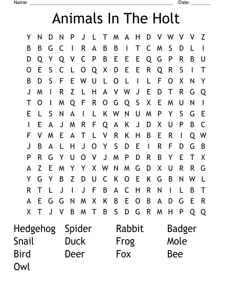 Animals In The Holt Word Search