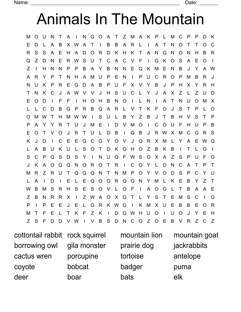 Animals In The Mountain Word Search