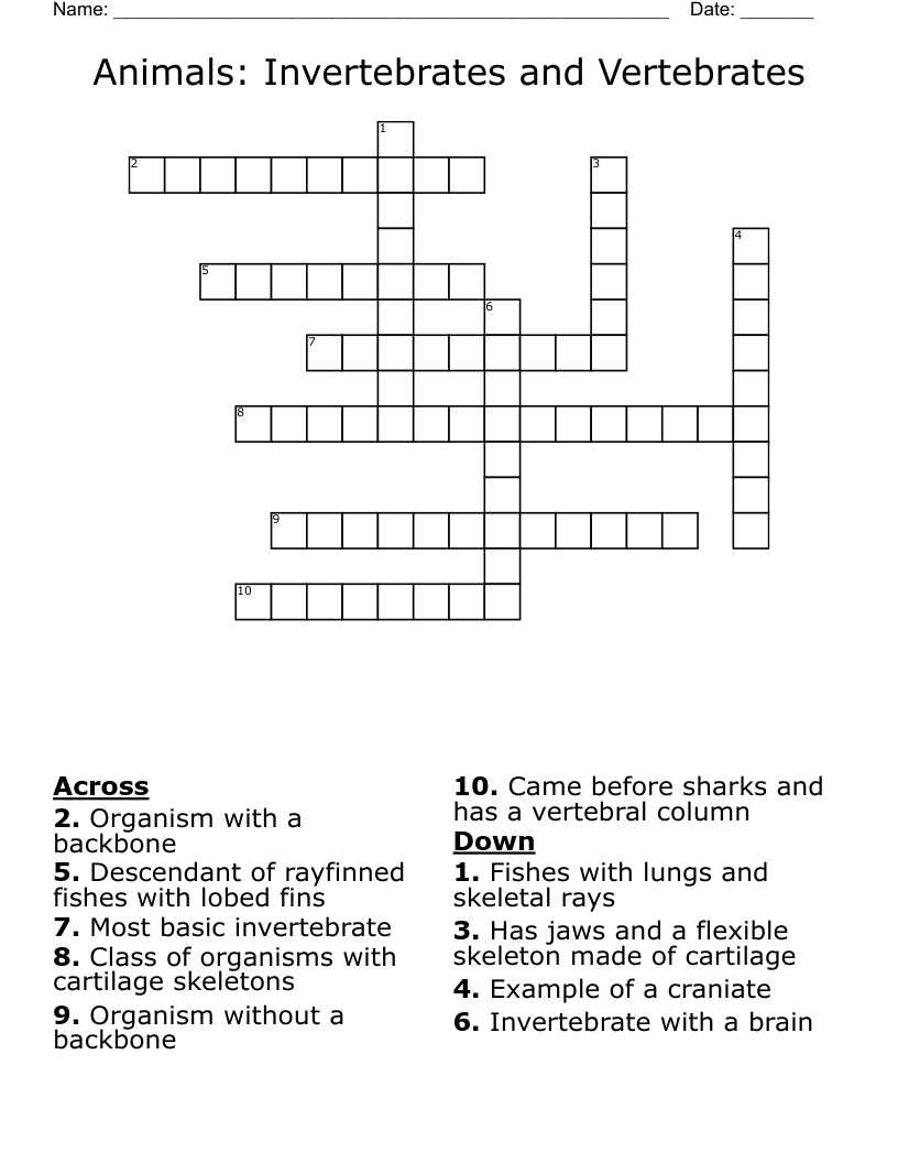 Animals: Invertebrates and Vertebrates Crossword