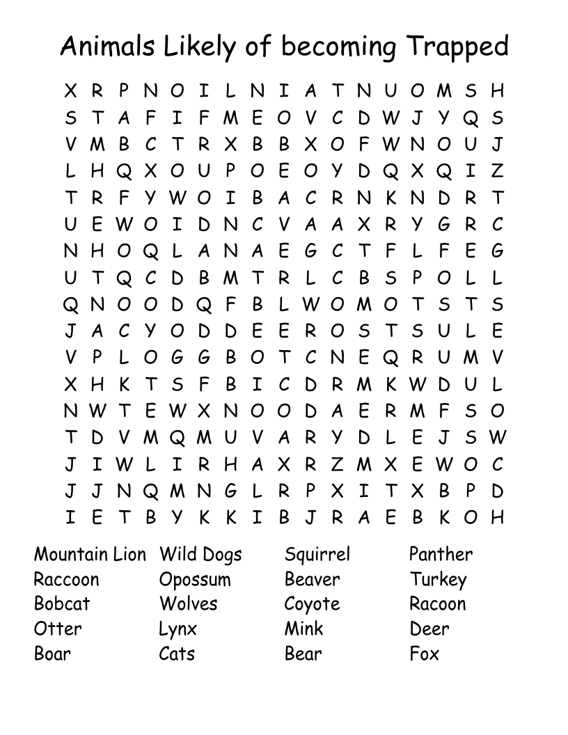 Animals Likely of becoming Trapped Word Search