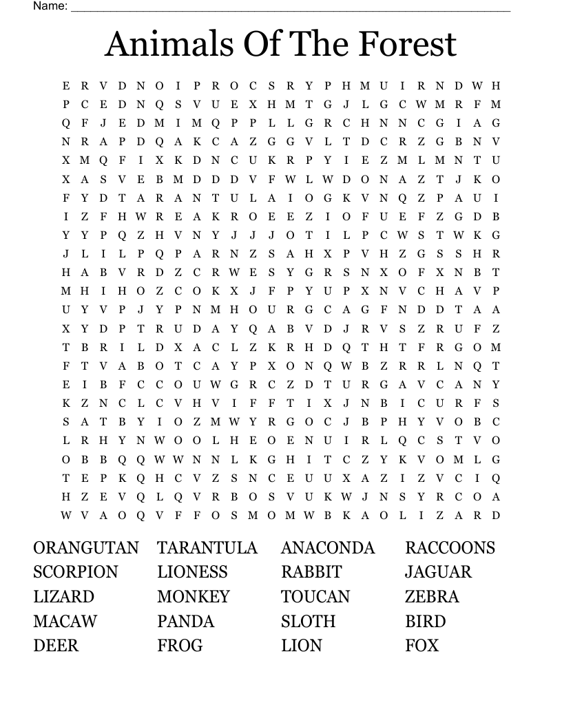 Animals Of The Forest Word Search