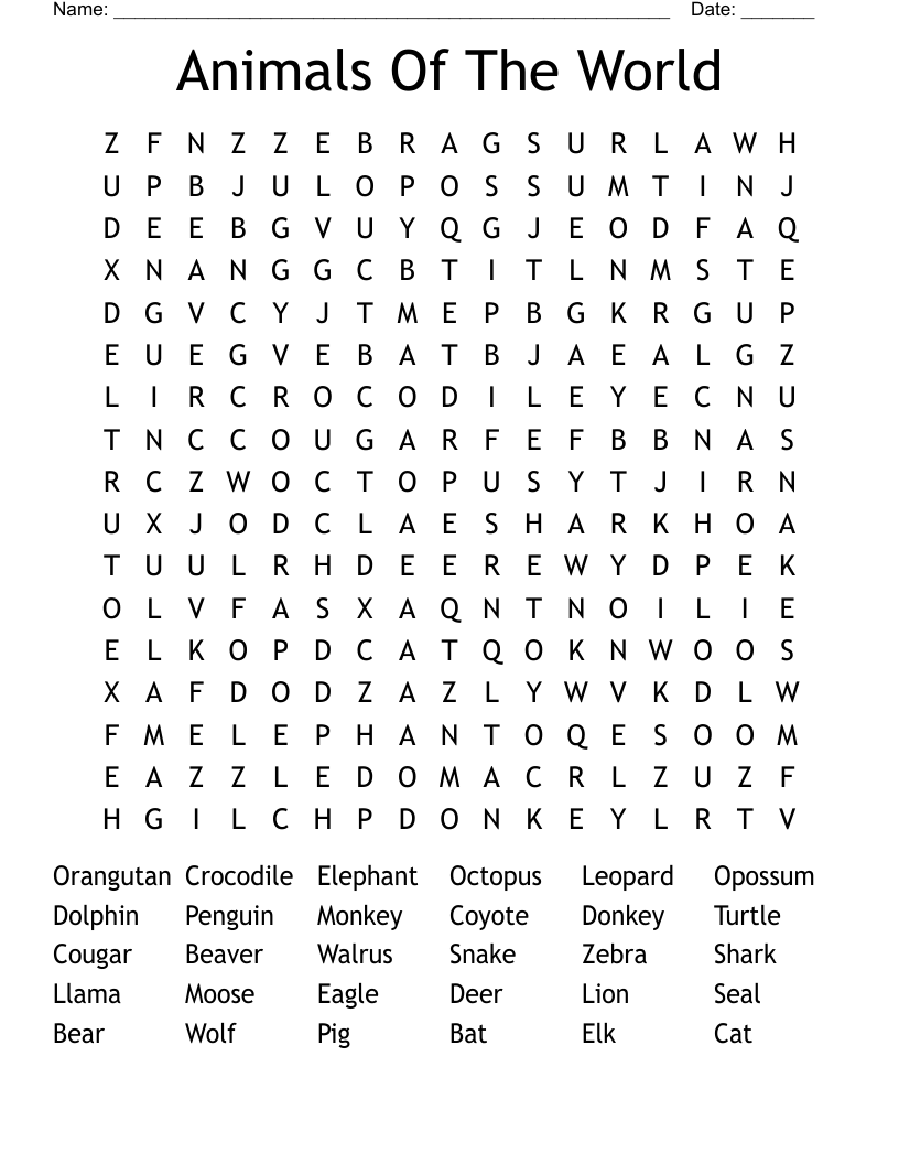 Animals Of The World Word Search