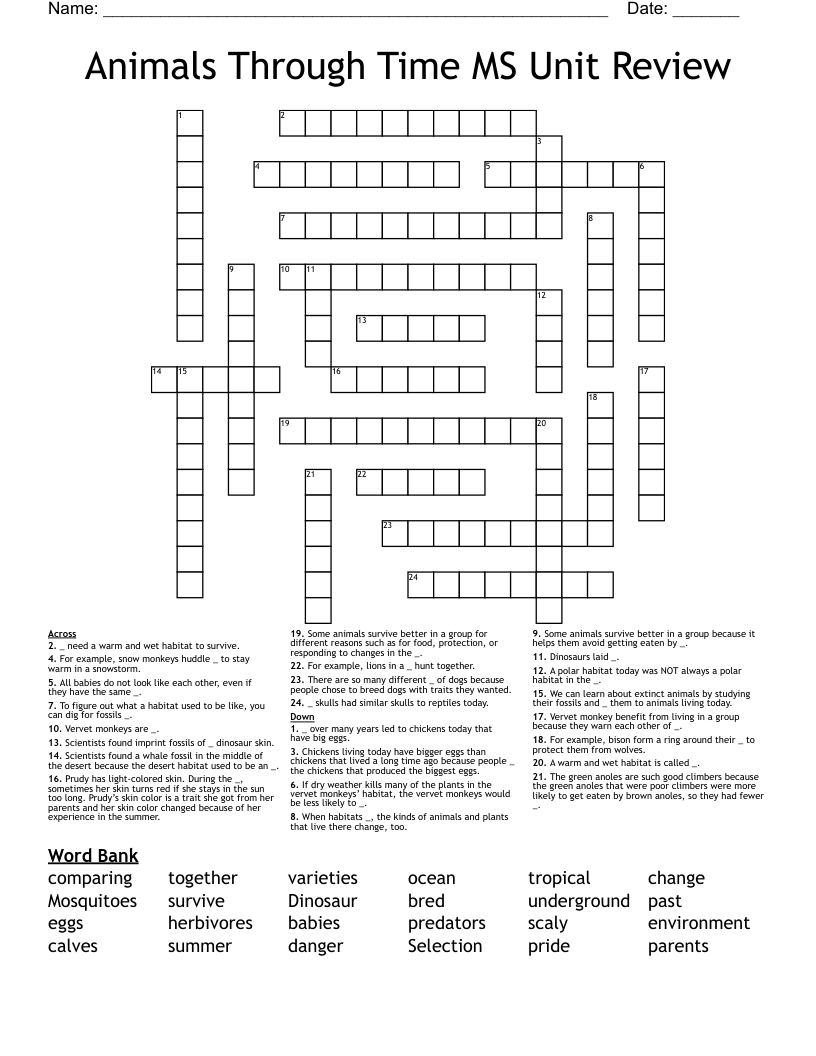 Animals Through Time MS Unit Review Crossword