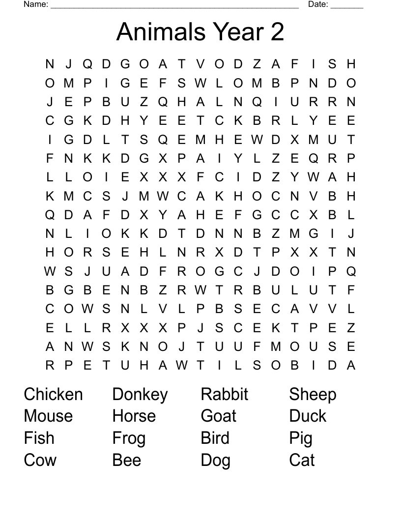 Animals Year 2 Word Search