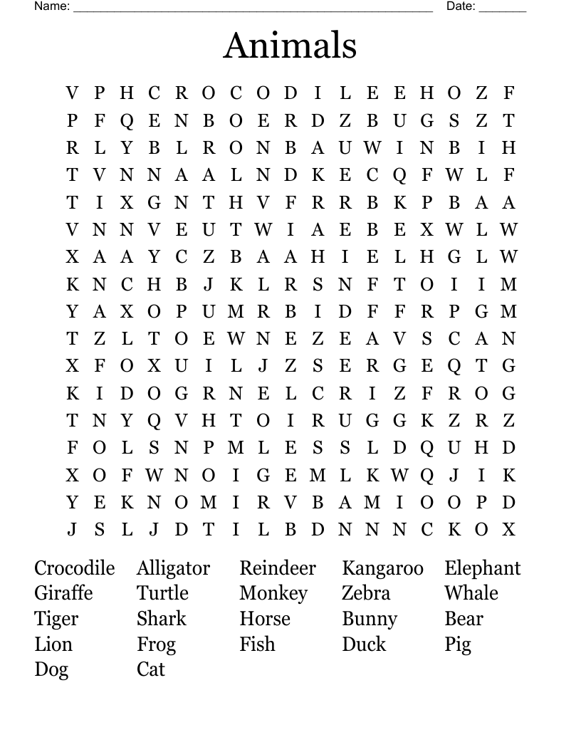 Animals  Word Search
