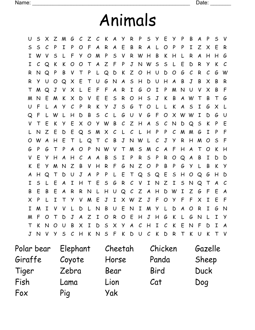 Animals  Word Search