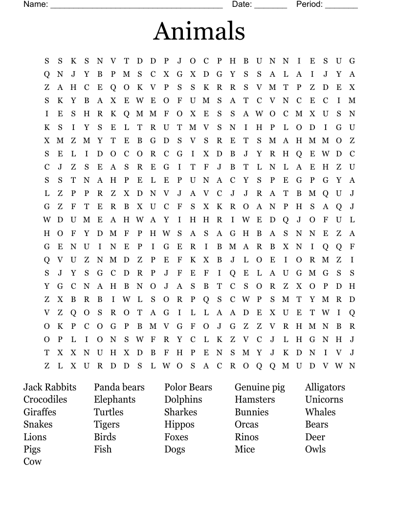 Animals  Word Search