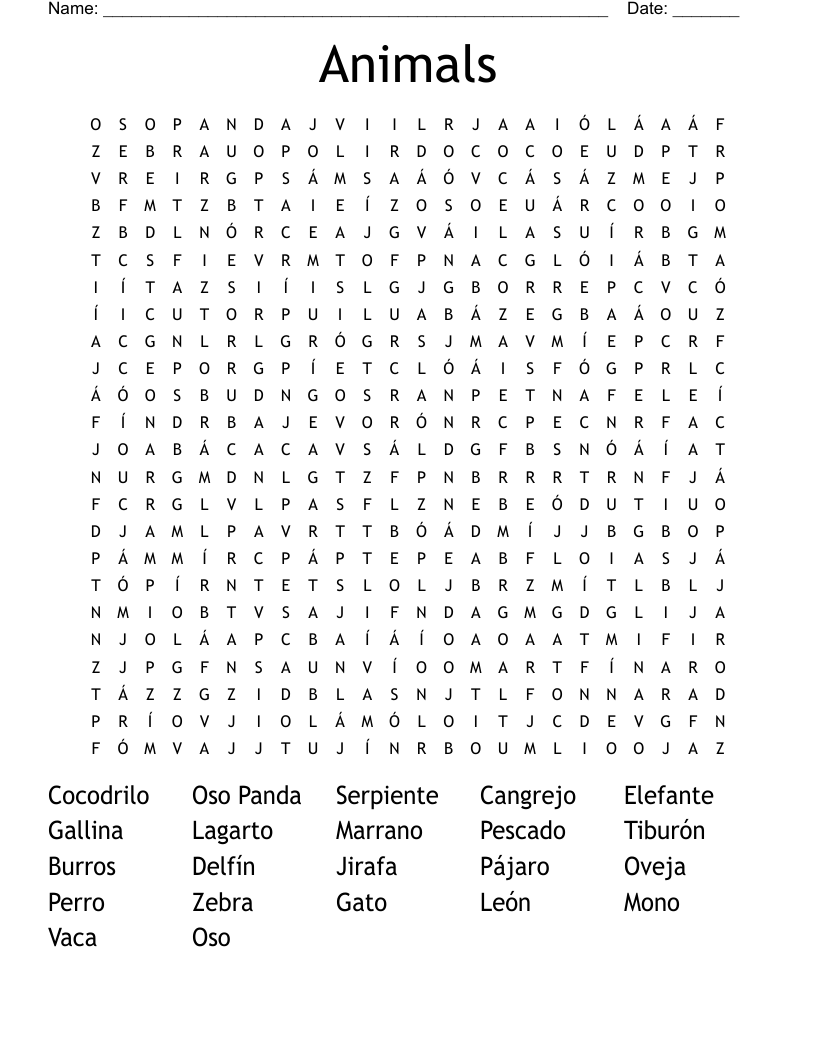 Animals  Word Search