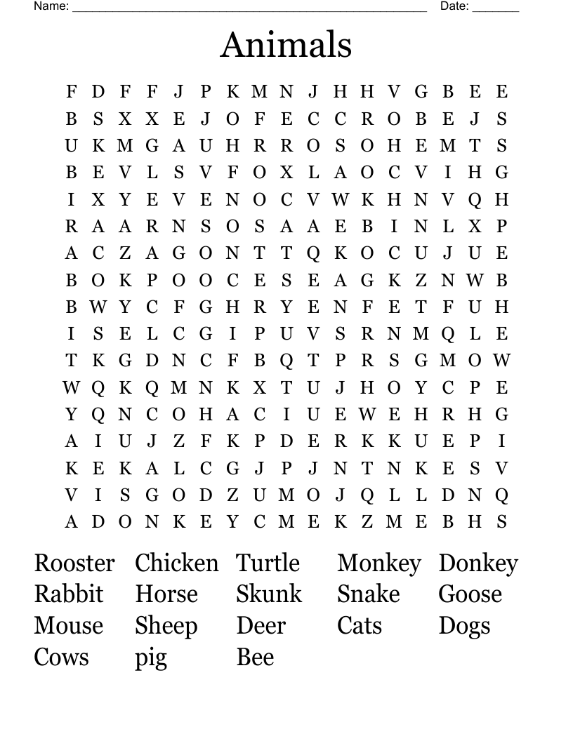Animals  Word Search