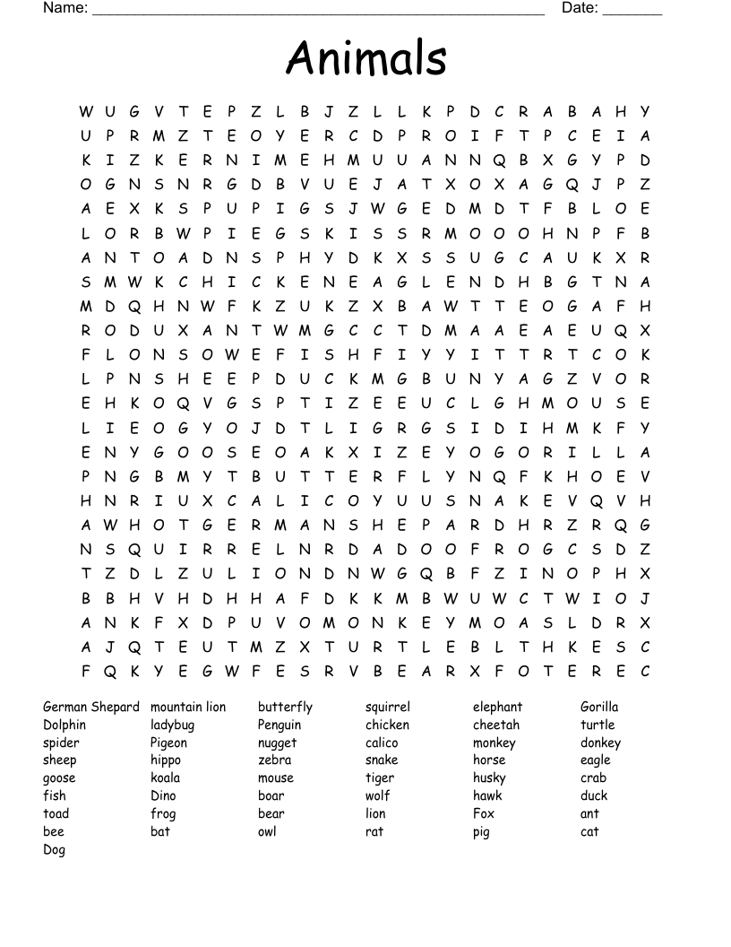 Animals  Word Search