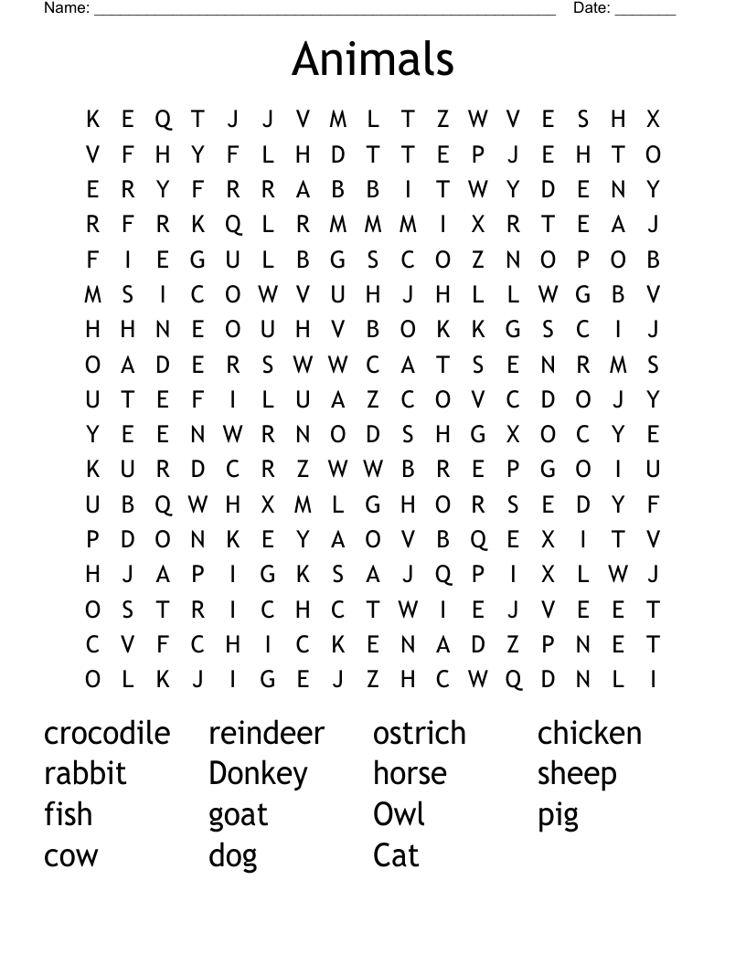 Animals  Word Search