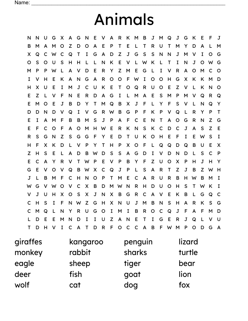 Animals  Word Search