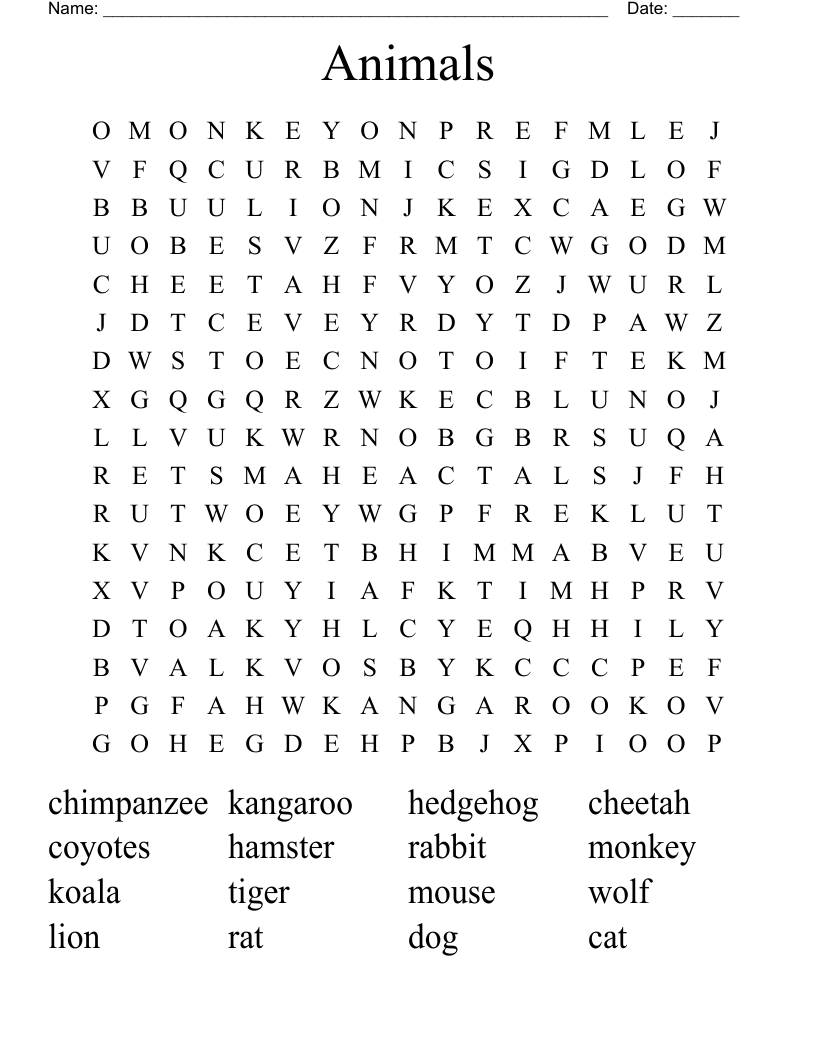 Animals  Word Search