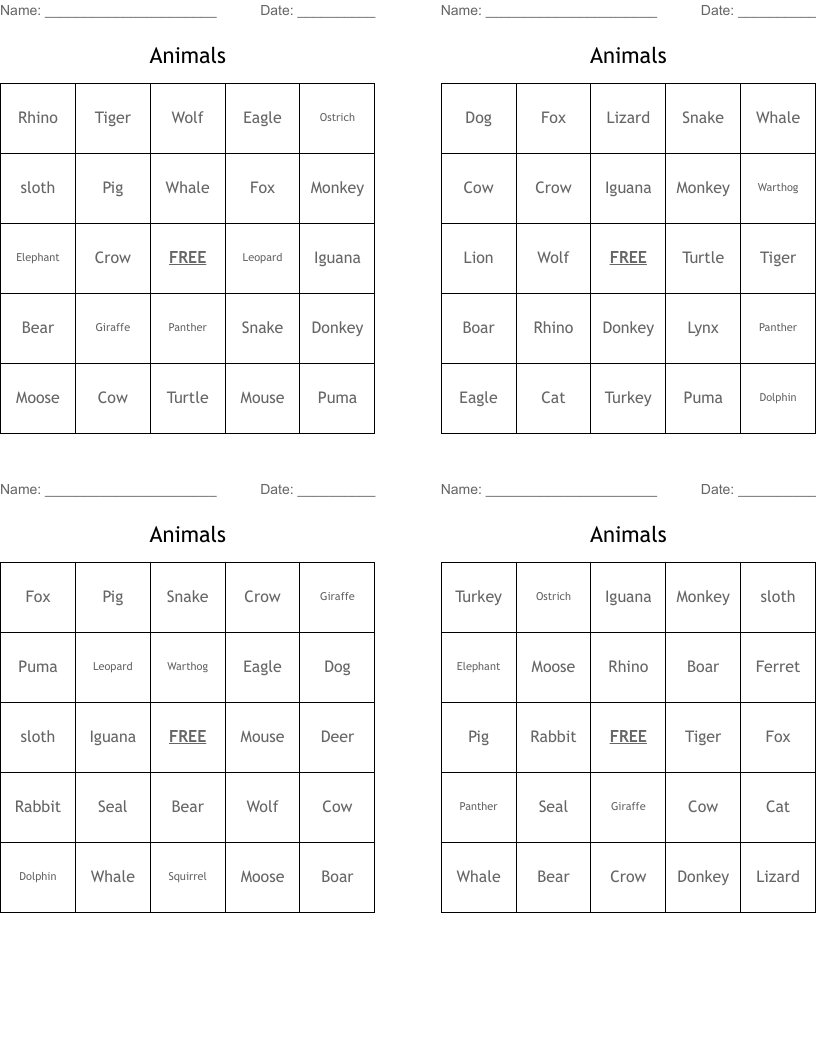 Animals  Bingo Cards