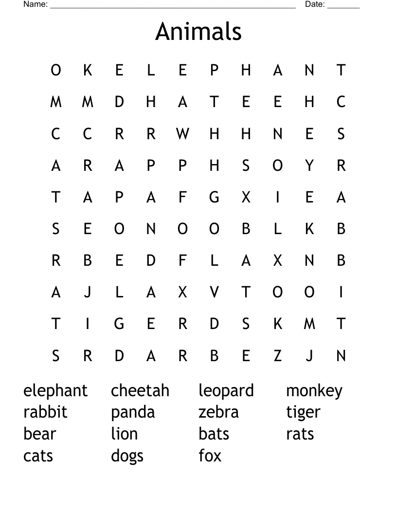 Animals  Word Search