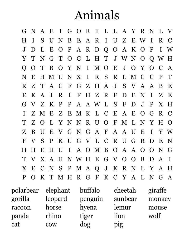 Animals  Word Search