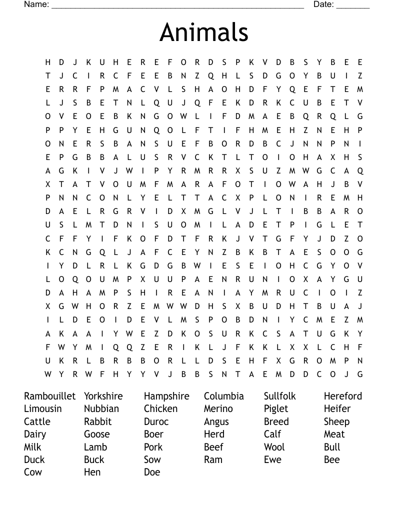 Animals  Word Search