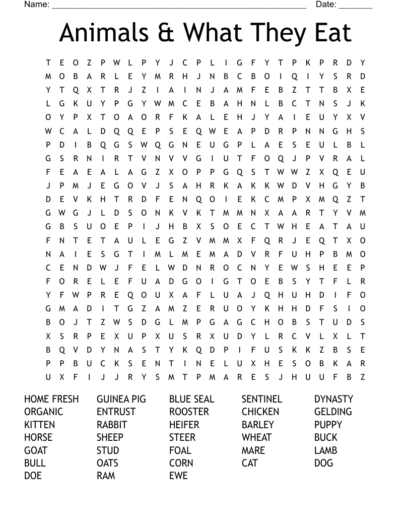 Animals & What They Eat Word Search