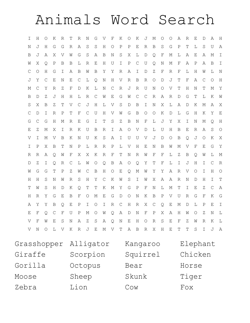 Animals  Word Search