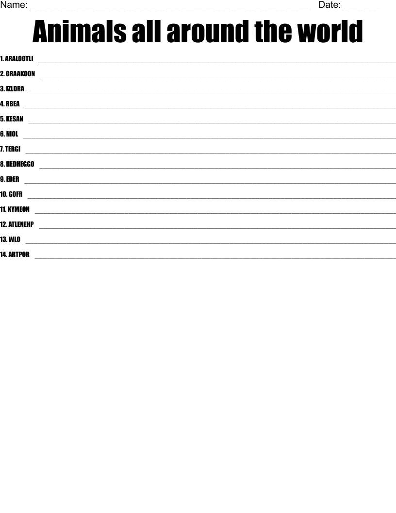 Animals all around the world Word Scramble