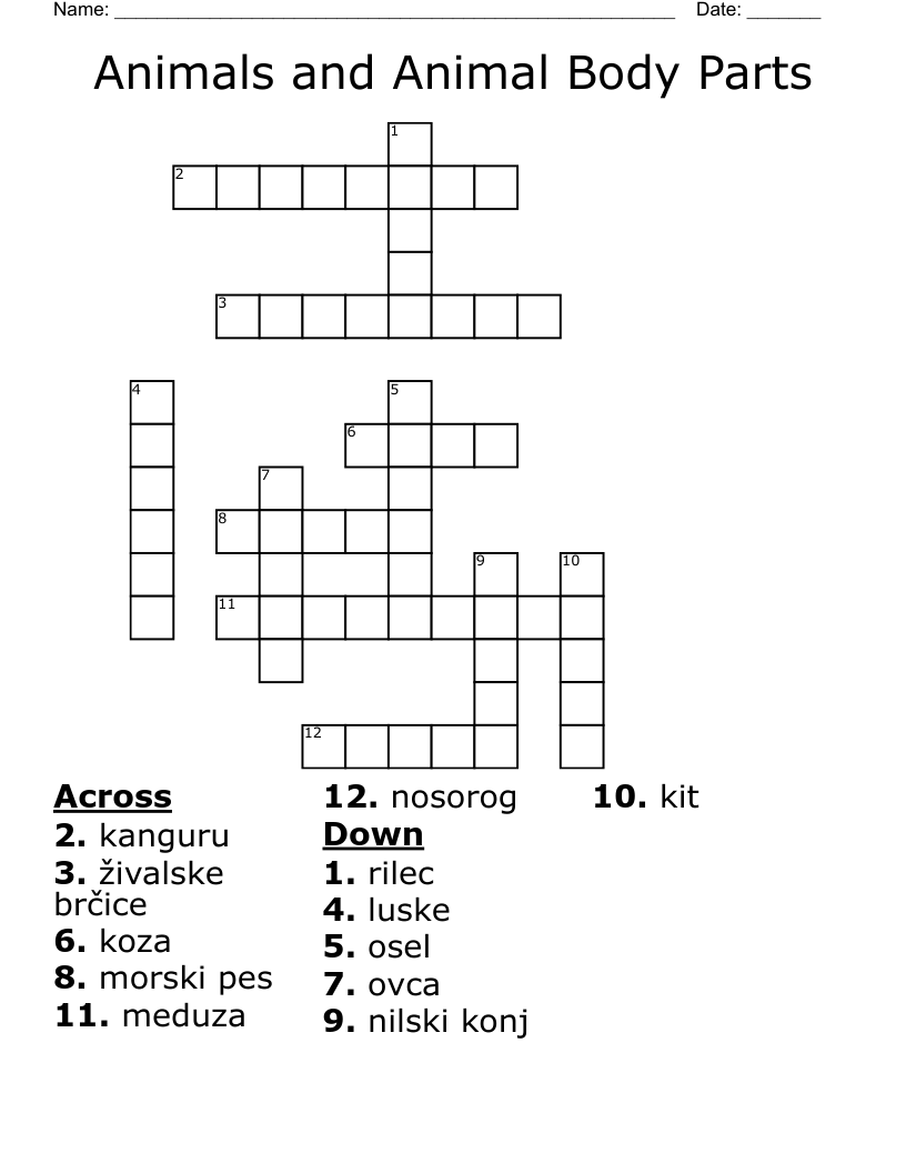Animals and Animal Body Parts Crossword