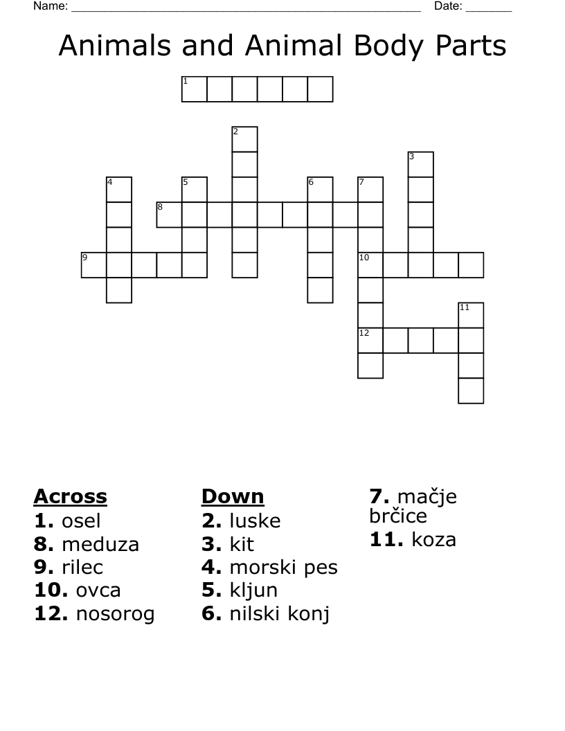 Animals and Animal Body Parts Crossword