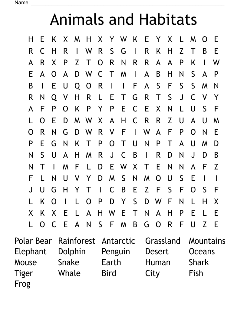 Animals and Habitats Word Search