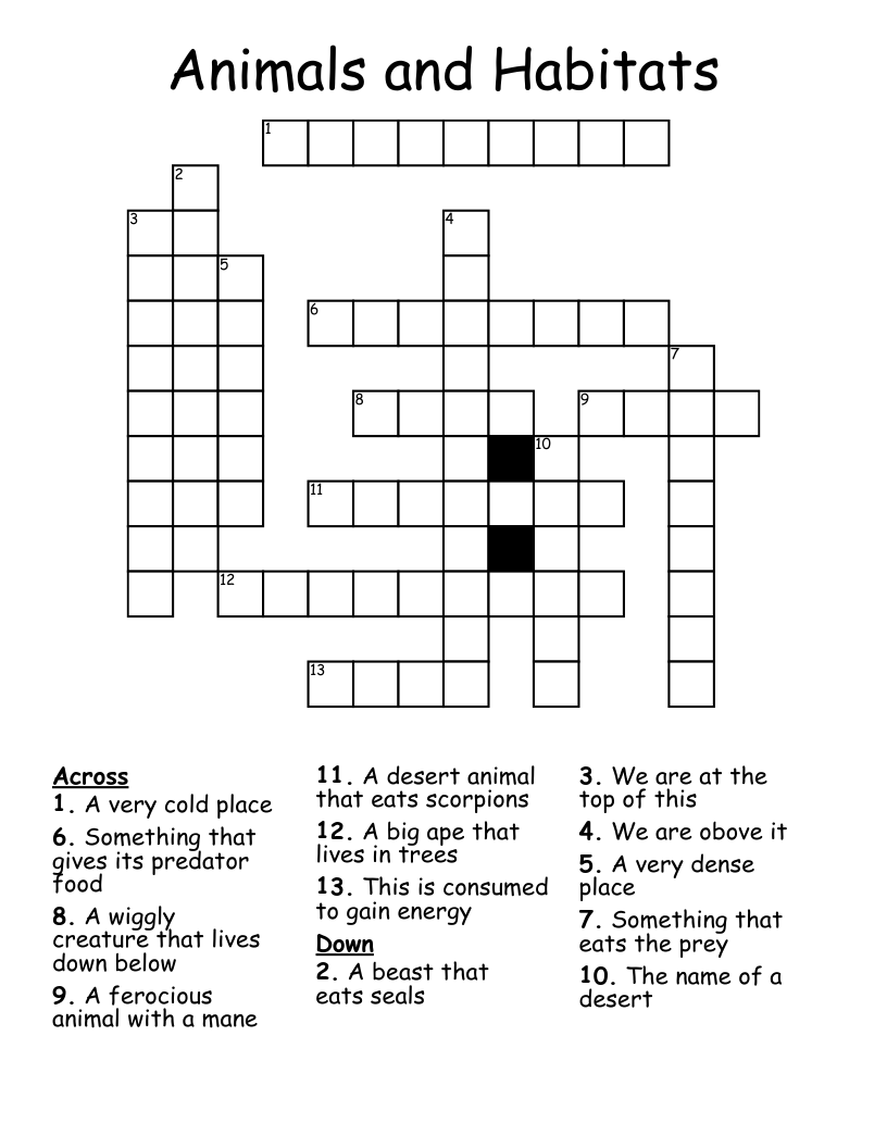Animals and Habitats Crossword