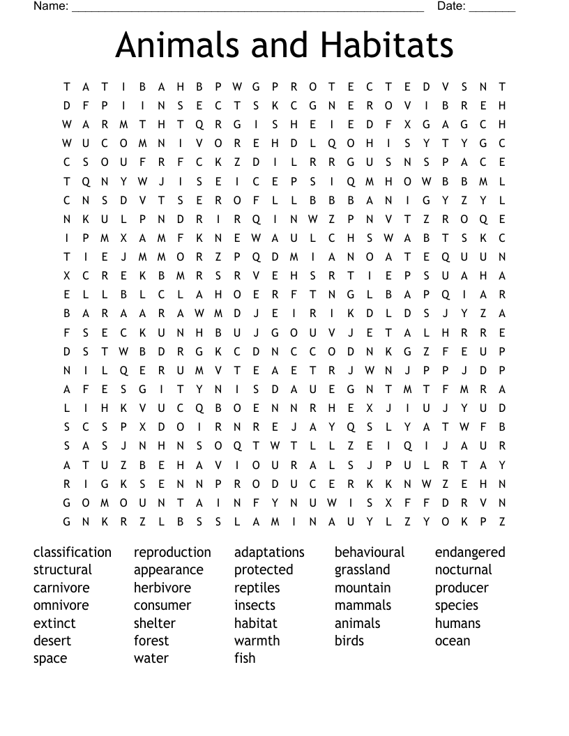Animals and Habitats Word Search