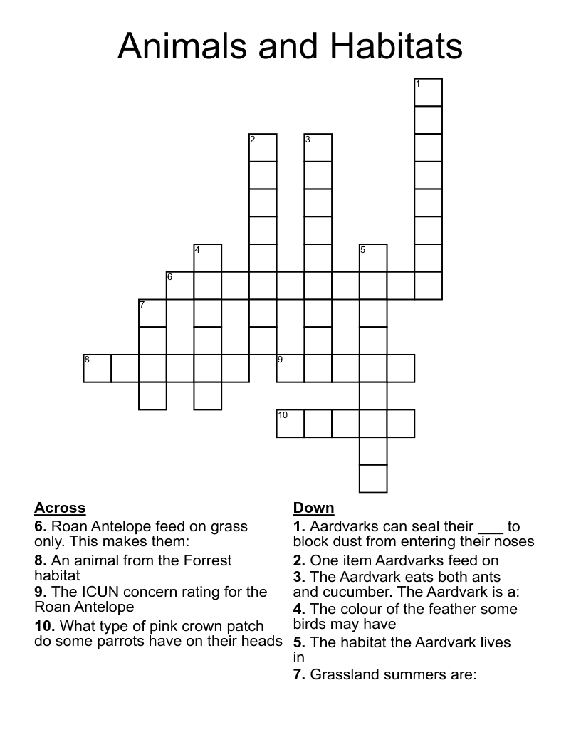 Animals and Habitats Crossword
