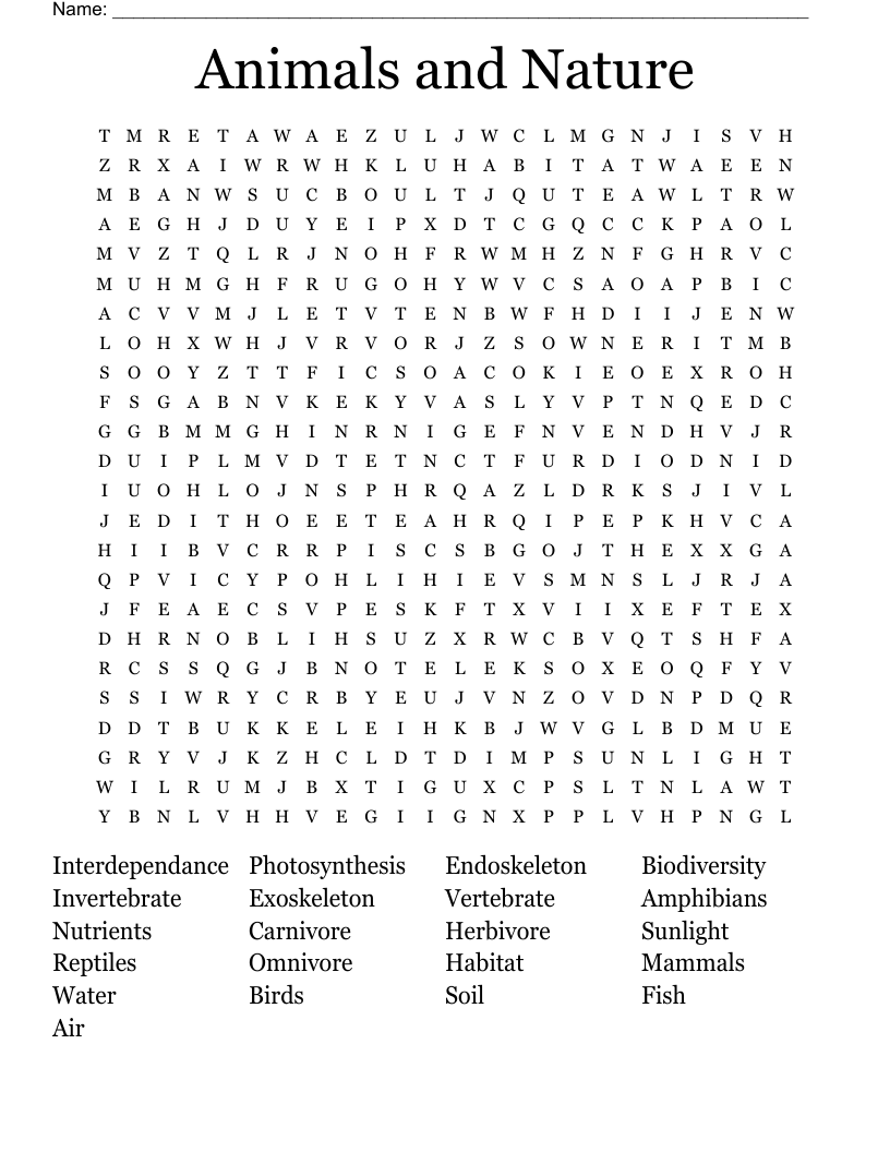 Animals and Nature Word Search