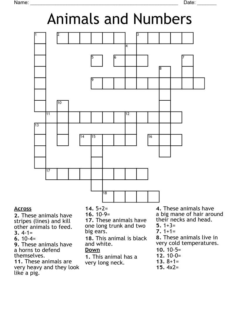 Animals and Numbers Crossword