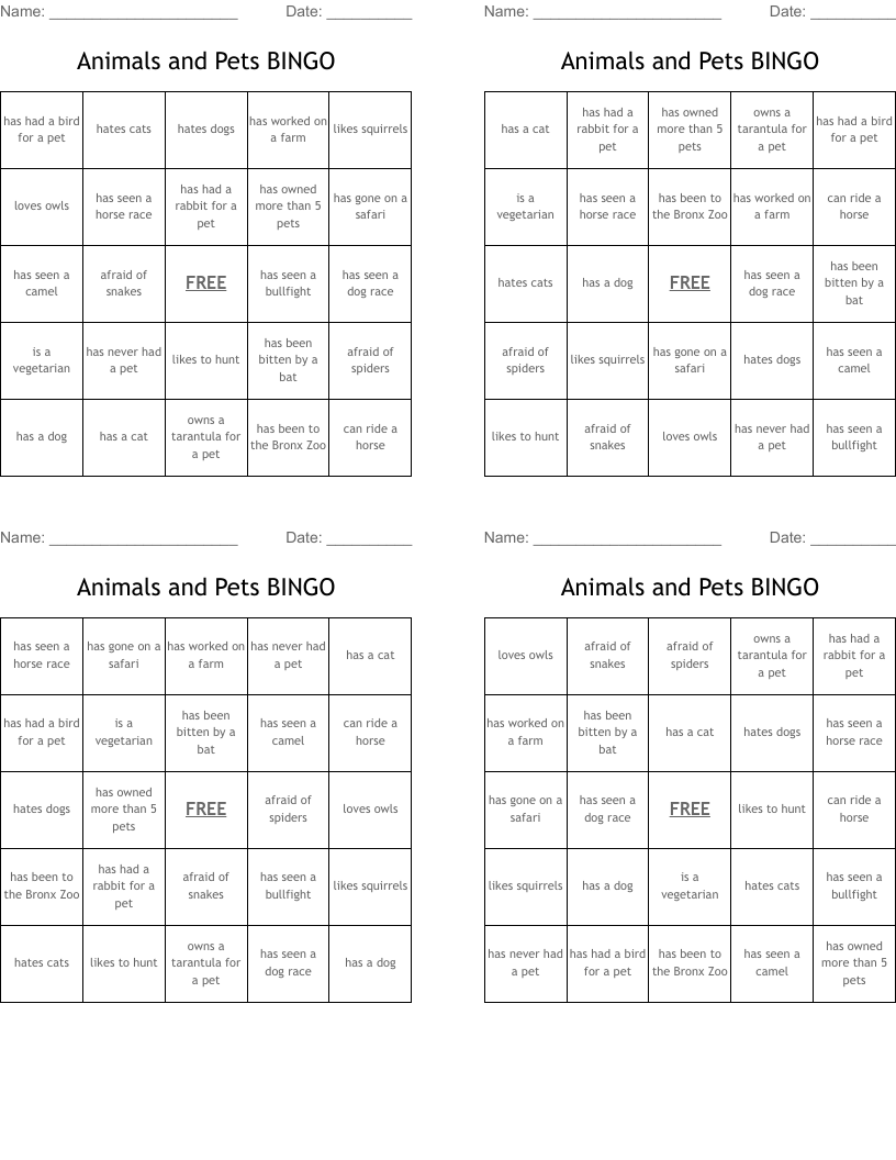Animals and Pets BINGO