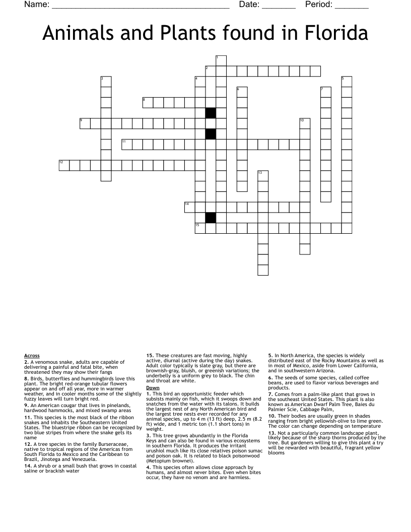 Animals and Plants found in Florida Crossword