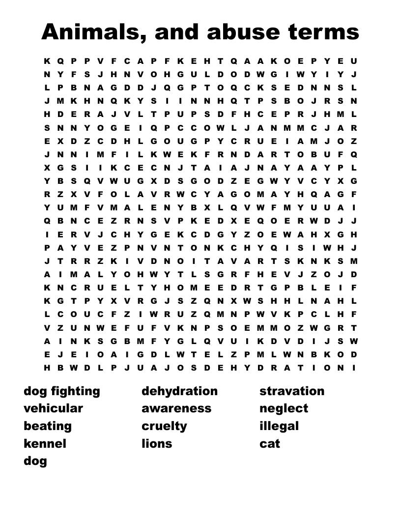 Animals, and abuse terms Word Search